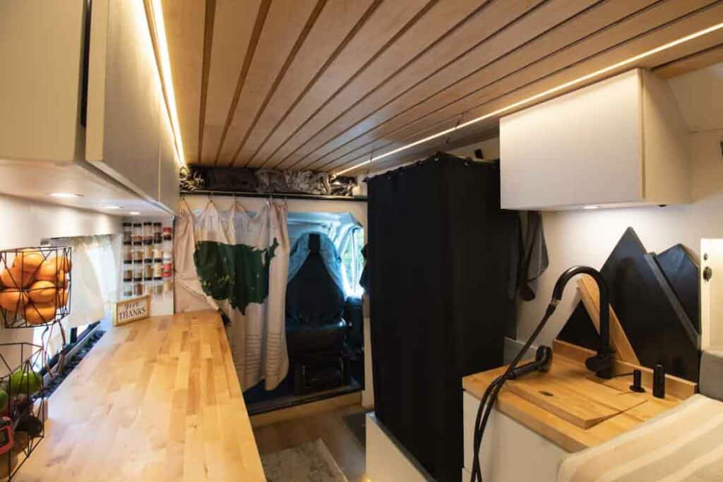 camper van indoor shower with curtain