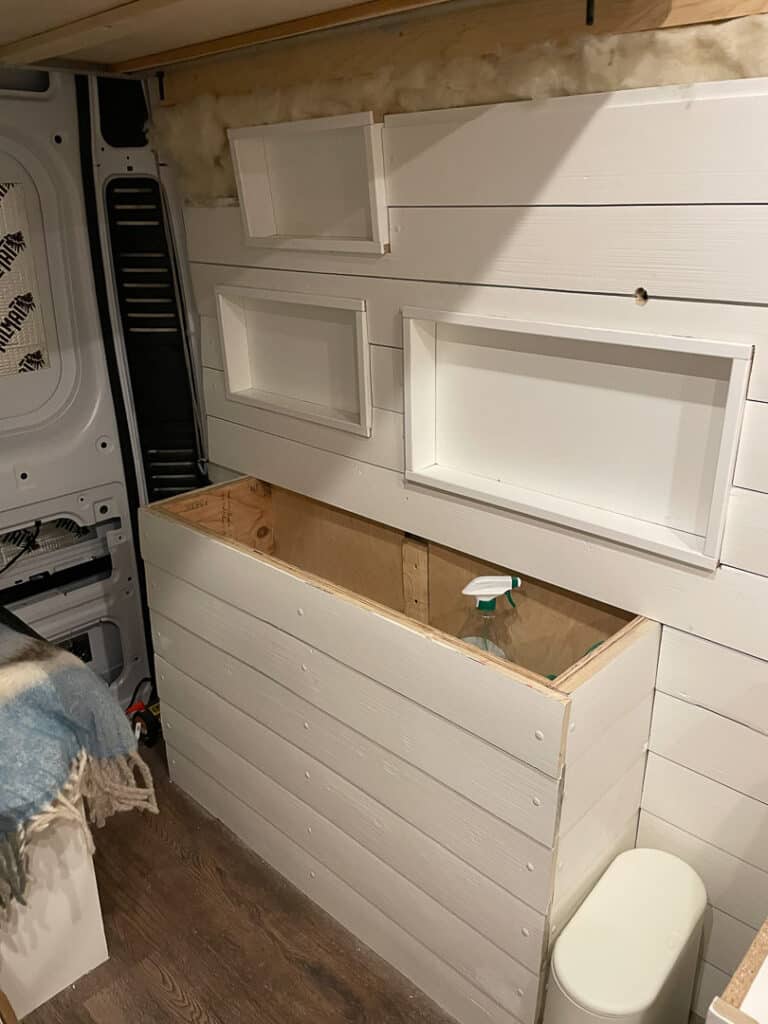 build in shelves for camper van storage and organization