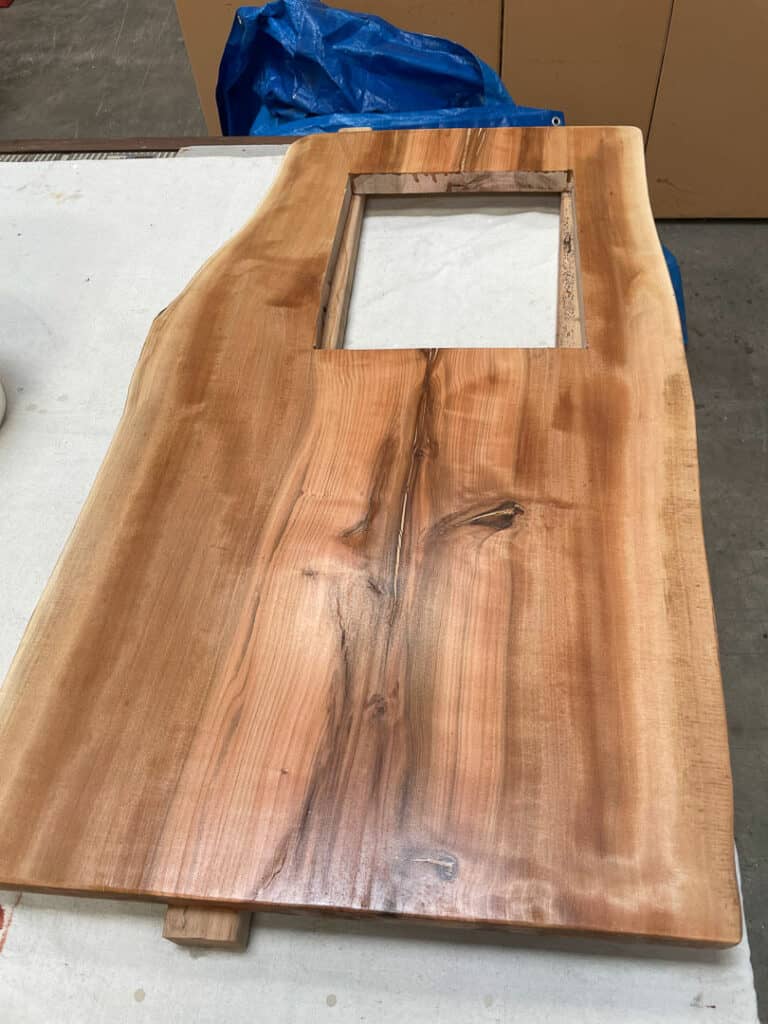 live edge kitchen counter in a campervan